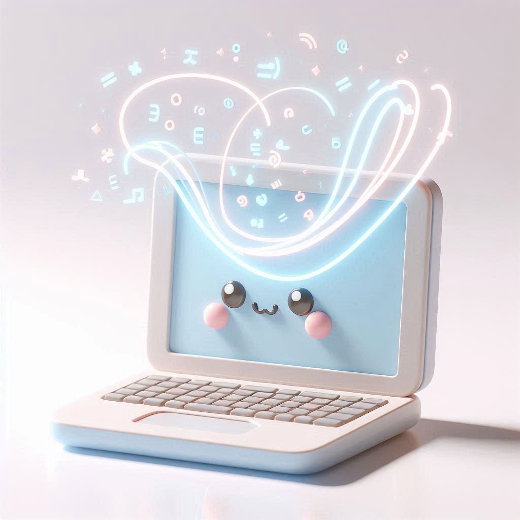 Ilustração minimalista e fofa, em fundo branco: um notebook (laptop) pequeno e simpático com rostinho sorridente, linhas suaves em tons pastéis saindo da tela para representar código sendo gerado de forma mágica. Estilo clean, formas arredondadas, sombras leves, estética kawaii, cores pastel (azul e rosa), sensação de calma e criatividade, composição simples e adorável, alta resolução
