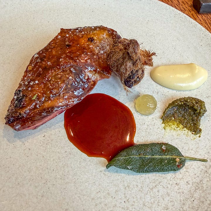 Roasted pigeon with parmesan cream and fried sage at Eme, Paris 4th