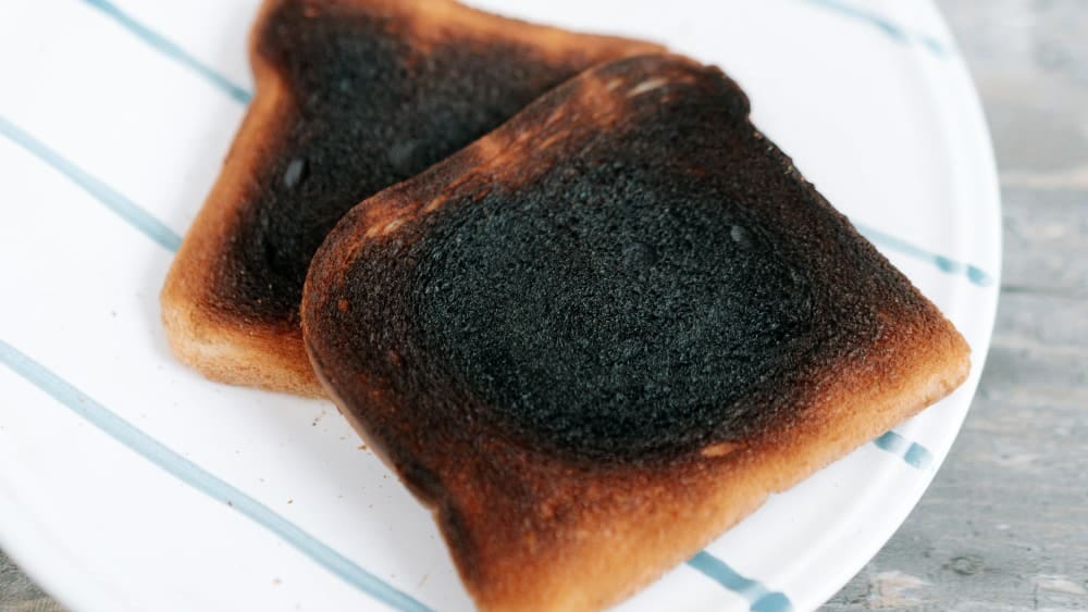 Two pieces of burnt toast on a plate