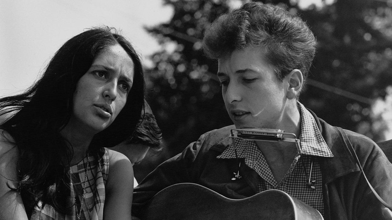 Folk singers Joan Baez and Bob Dylan singing at the 1963 Civil Rights March on Washington. Aug. 28, 1963. Folk singers Joan Baez and Bob Dylan singing at the 1963 Civil Rights March on Washington. Aug. 28, 1963.