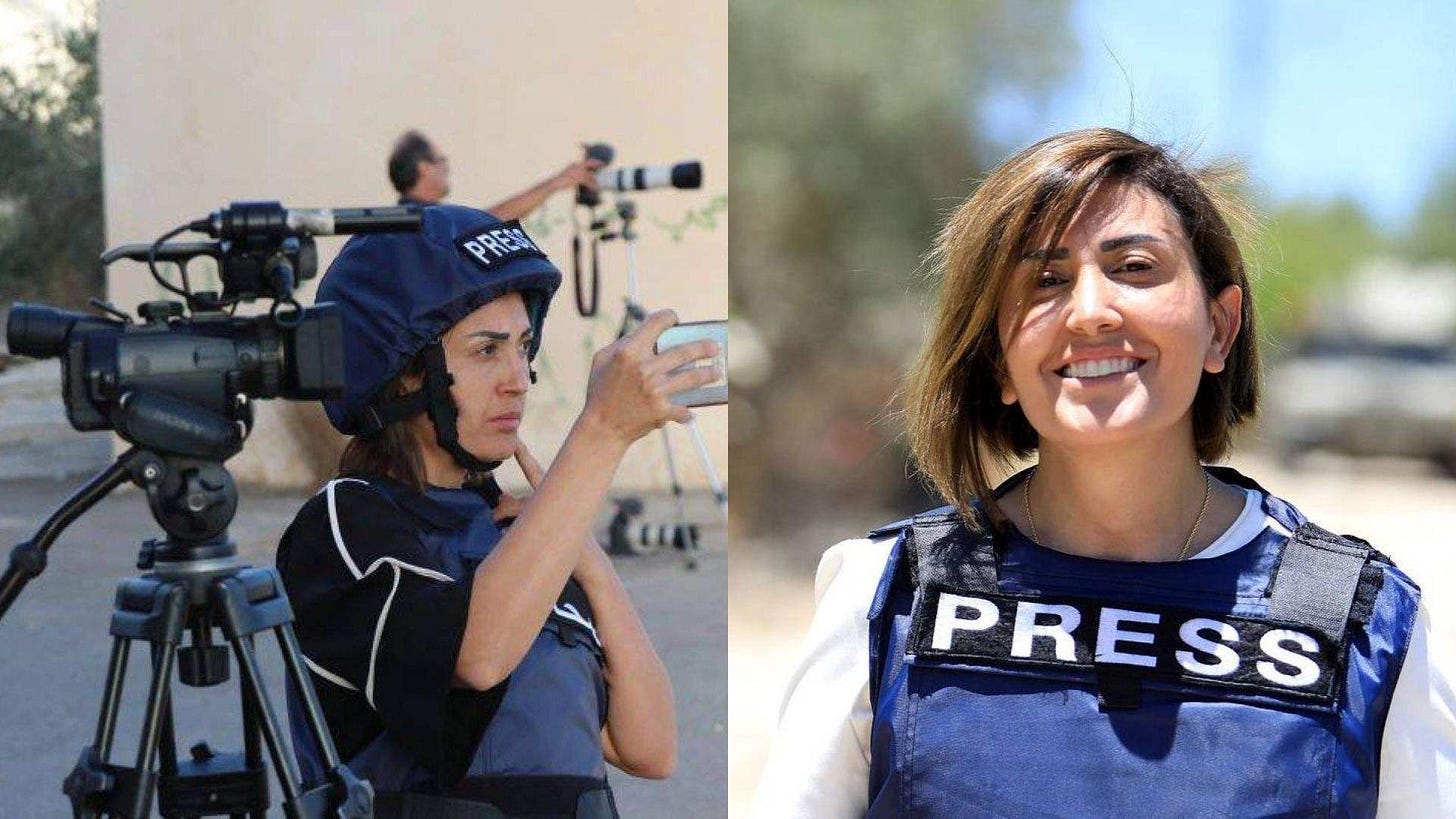 A composite of two photographs of Lebanese journalist Amal Khalil. Left: Khalil operates a video camera on a tripod, wearing a blue press helmet and body armor, with a second camera operator visible in the background. Right: A portrait of Khalil smiling, wearing a blue PRESS vest over a white long-sleeved shirt, photographed outdoors.