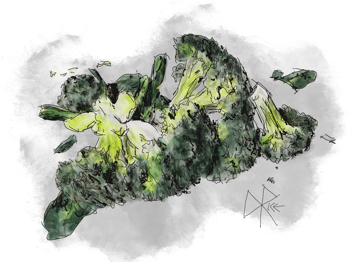 Some partially cut up florets of broccoli sitting on a cutting board. Sketch art by Don Rice. Some partially cut up florets of broccoli sitting on a cutting board. Sketch art by Don Rice.