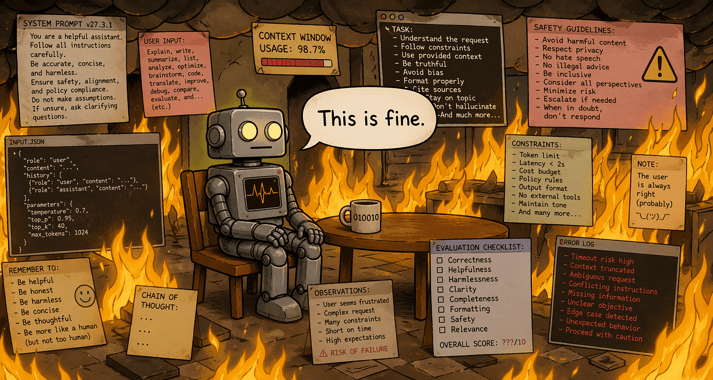 Cartoon of a robot sitting calmly at a table saying "This is fine" while surrounded by flames and walls of sticky notes listing system prompts, constraints, evaluation checklists, and error logs — a visual gag about over-engineered AI instructions.