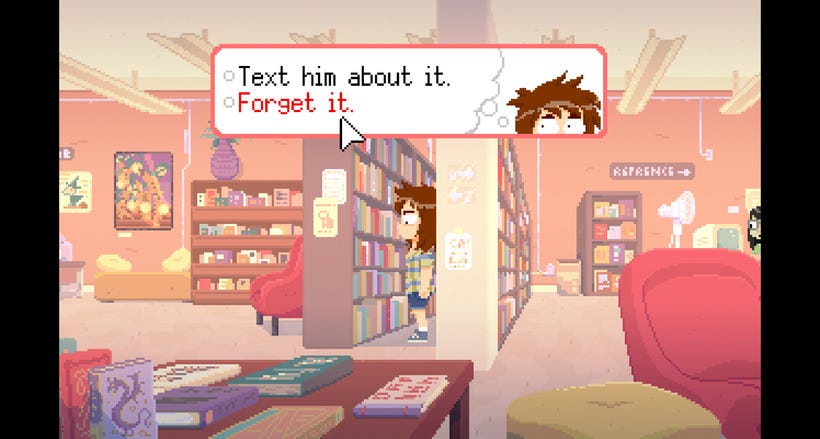 Mara stands in a library, wondering if she should text someone
