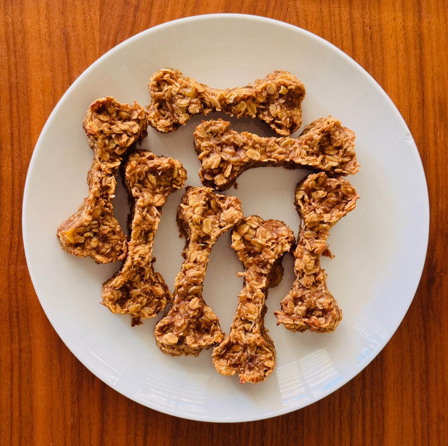 Homemade dog-safe cookies made with rolled oats, banana, and peanut butter, cut into bone shapes on a parchment-lined baking sheet, made for a German Shepherd named Archie