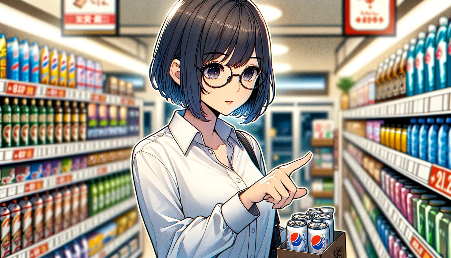 Create an eighth image in a horizontal, 2D anime style, showing the upper body of a Japanese woman with a short haircut and glasses, selecting a product in a convenience store. The background should be a close-up of the store's interior, highlighting retail media elements. The woman should appear engaged and focused, illustrating her interaction with the products, maintaining a casual attire and a retail environment context.