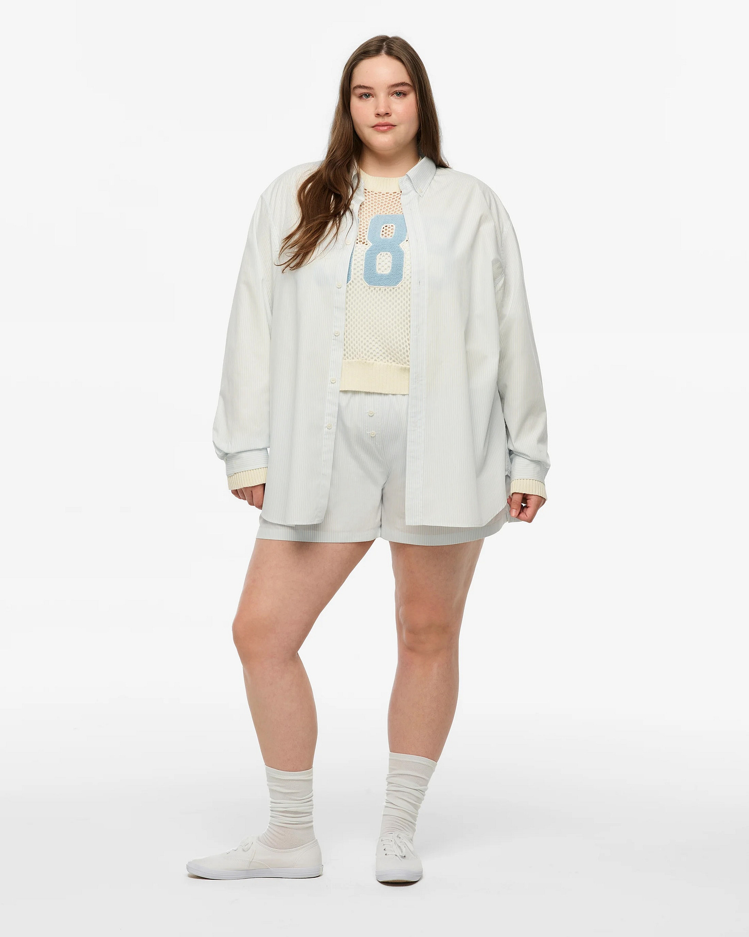 model wearing blue and white set with 1989 sweater model wearing blue and white set with 1989 sweater