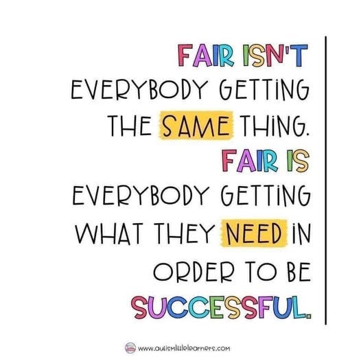 May be a graphic of text that says 'FAIR ISN'T EVERYBODY GETTING THE SAME THING. FAIR IS EVERYBODY GETTING WHAT THEY NEED iN ORDER TO BE SUCCESSFUL. www.ouismluleleorners.com'