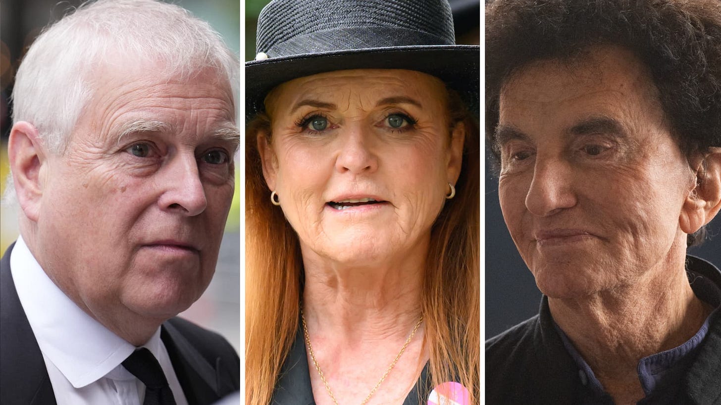 Andrew Mountbatten-Windsor (L), Sarah Ferguson (C), Jack Lang (R)