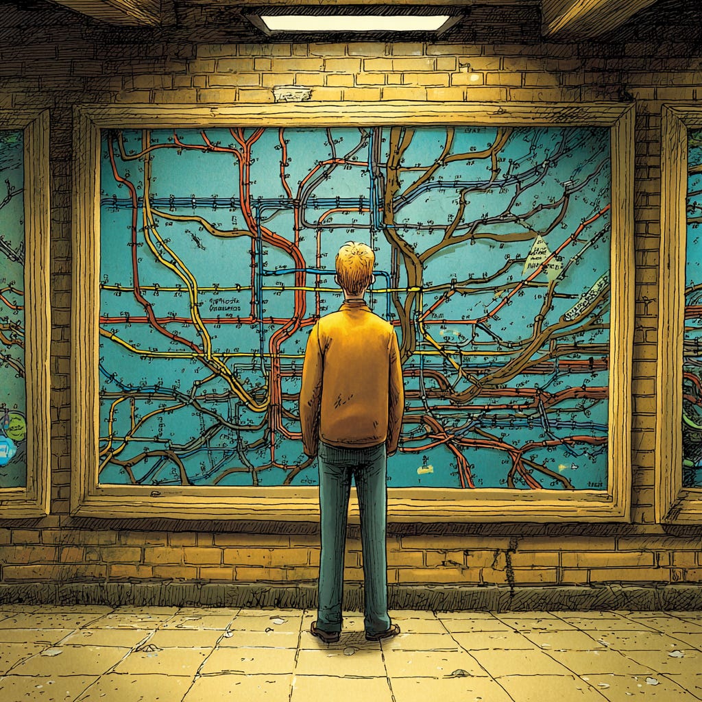 A person stands before a large wall map filled with tangled routes and branching pathways resembling subway lines or networks. The image evokes systems thinking and the hidden patterns that connect complex environments.