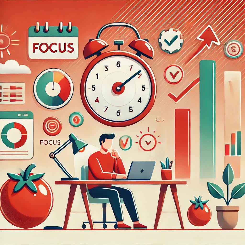 An illustration representing the Pomodoro Technique, featuring a person working at a desk with a timer and icons of focus, such as a tomato-shaped clock and progress bars. The background includes motivational elements like upward arrows and a tidy workspace, using warm and engaging tones of red, green, and white.