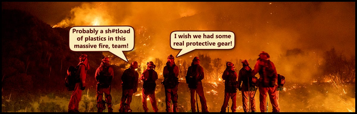 Firefighters on the frontlines of plastic-amplified wildfires. Many wear only cloth masks — inadequate against dioxins, VOCs, and ultrafine particulates released when microplastics burn inside vegetation.