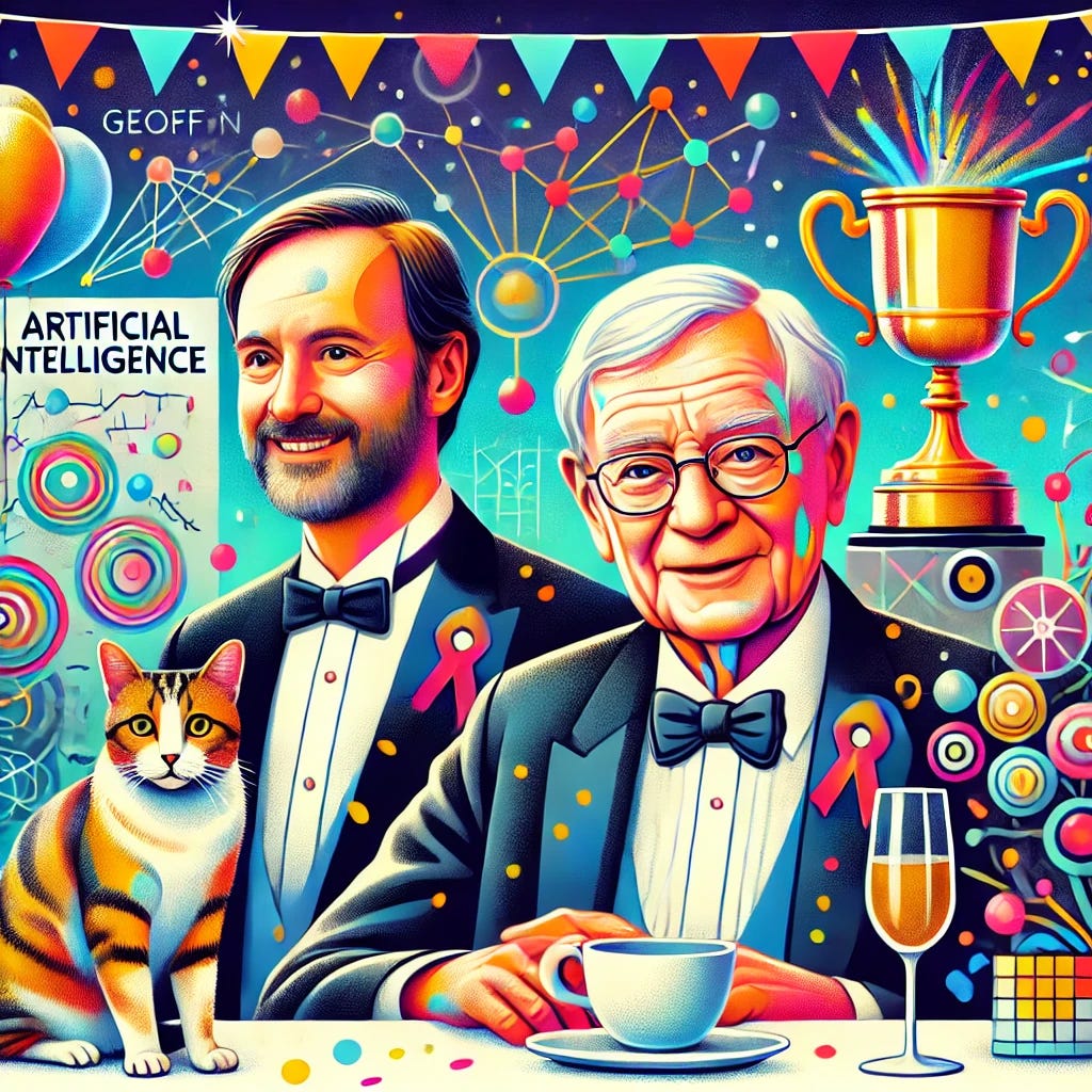A celebratory illustration featuring Geoff Hinton and John Hopfield, with a colorful backdrop symbolizing artificial intelligence, and a playful cat observing from the corner. The scene includes abstract elements representing neural networks and connections, with bright colors conveying a sense of achievement and innovation. The cat adds a quirky, light-hearted element to the scene.