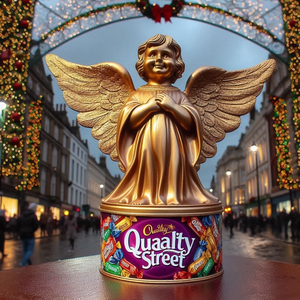 An AI generated tin of Quality Street chocolates with the name misspelled and a kitsch oversided gold cherub statue for a lid.