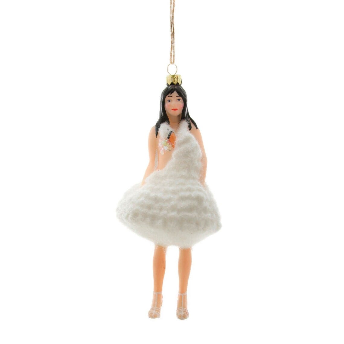 May include: A decorative Christmas ornament shaped like a woman wearing a white, fluffy dress. The ornament has a gold cap and a string for hanging. The woman has black hair, red lips, and is wearing beige heels. May include: A decorative Christmas ornament shaped like a woman wearing a white, fluffy dress. The ornament has a gold cap and a string for hanging. The woman has black hair, red lips, and is wearing beige heels.