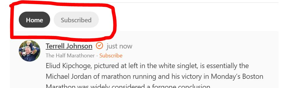 The "Home" and "Subscribed" buttons highlighted in red on the Substack Notes homepage.