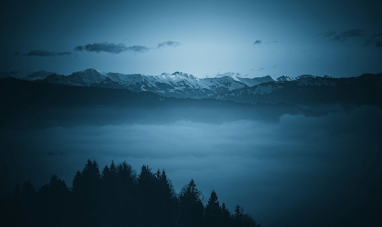 A shot of forest and mountains at night. 