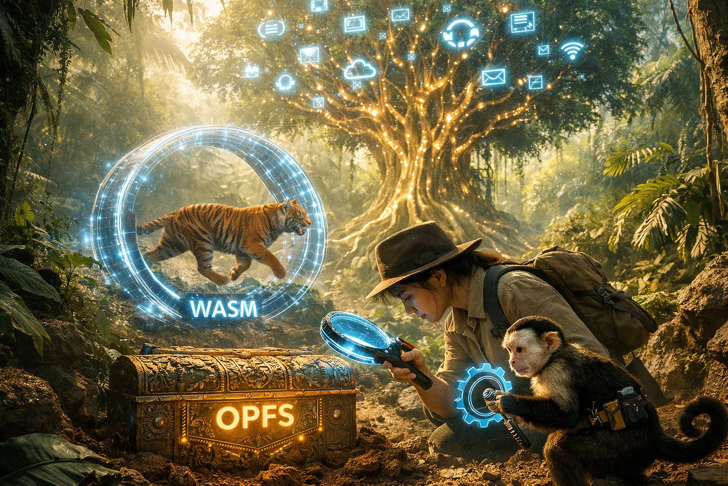 An Archaeologist, a monkey and a tiger-powered WASM engine uncover an OPFS data chest in a digital jungle.