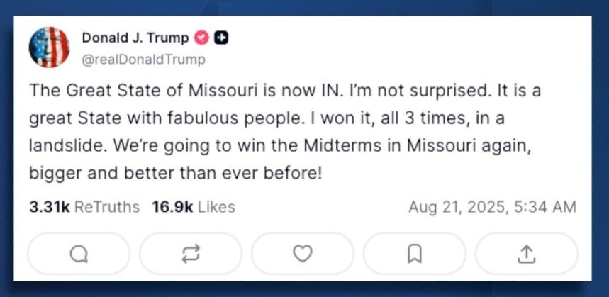 President Donald Trump's cryptic Truth Social post says 'Missouri is now in'