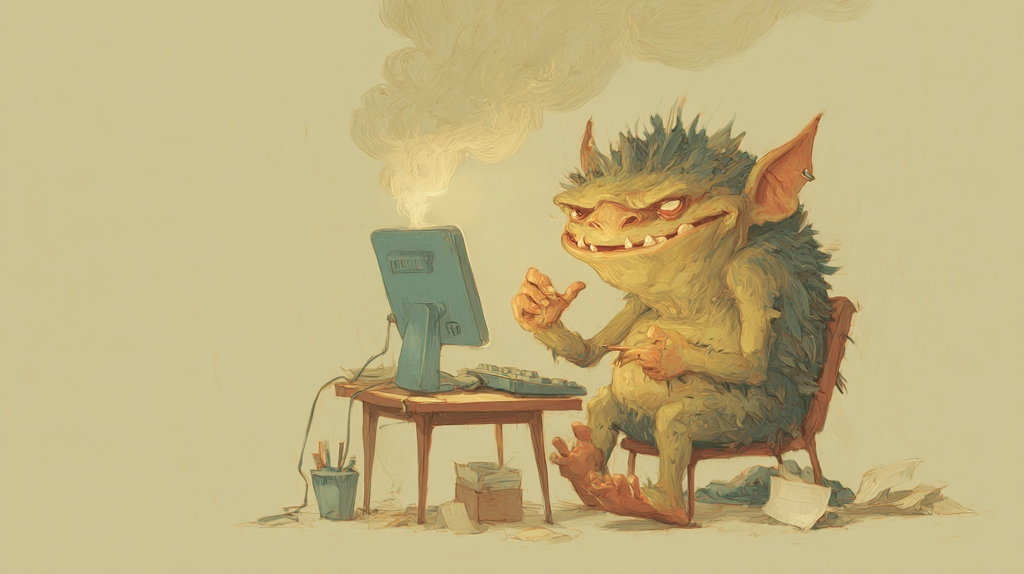 A small green goblin with spiky hair and glowing eyes sits at a wooden desk, typing on a keyboard in front of a smoking CRT monitor. Its expression is gleeful and menacing. Pencils, paper, and scraps litter the floor around it. A small green goblin with spiky hair and glowing eyes sits at a wooden desk, typing on a keyboard in front of a smoking CRT monitor. Its expression is gleeful and menacing. Pencils, paper, and scraps litter the floor around it.