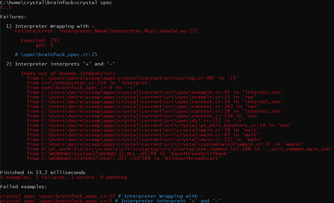 screenshot of failing tests
