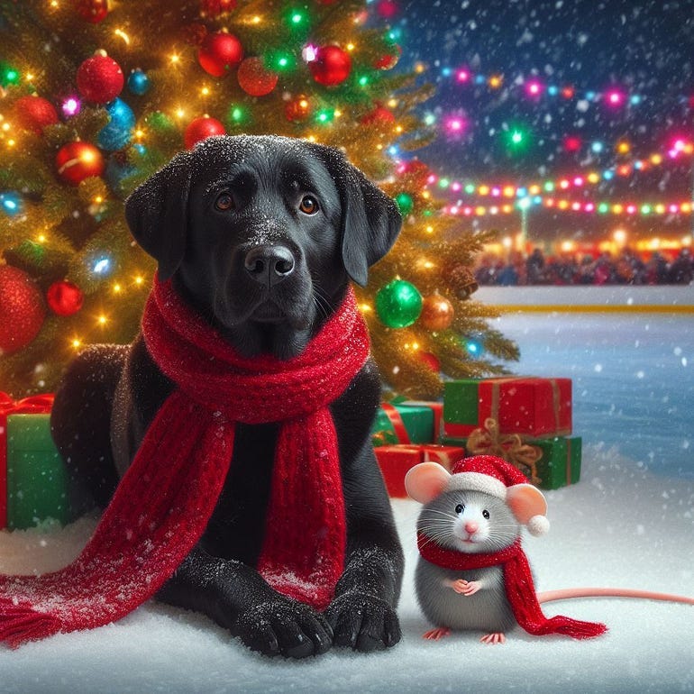 A picture made using Bing AI Image creator, featuring a black lab, wearing a scarf and a little mouse next to him 