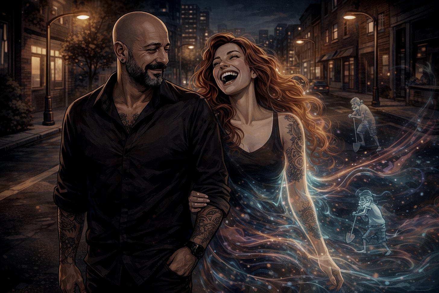 Johnny and Alina walking in the street Alina is laughing while Johnny smiling with a look of adoration