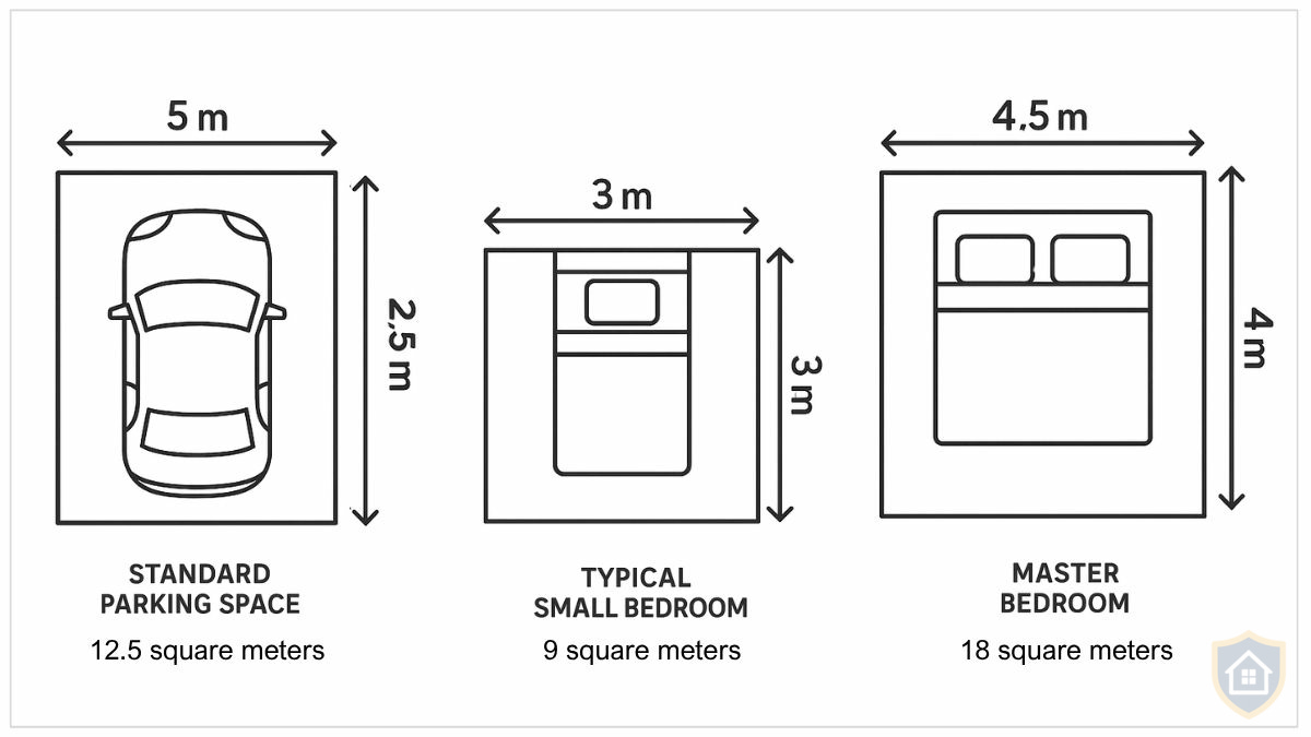 Three diagrams showing square meter comparisons: standard parking space at 12.5 square meters, typical small bedroom at 9 square meters, and master bedroom at 18 square meters, with dimensions labeled