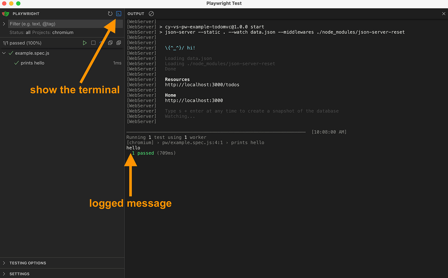 Playwright logs the message in the terminal.