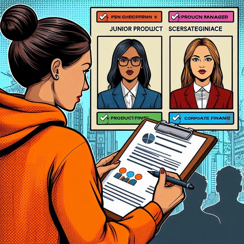 Imagin tipo comic de una mujer en hoodie naranja considerando candidatos para un rol de product manager junior y un product manager senior. 