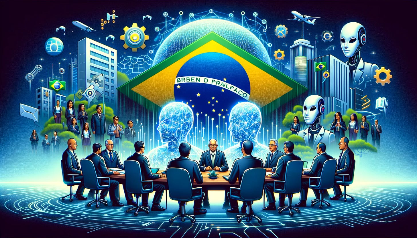 A banner depicting Brazil's authority suspending Meta's AI privacy policy and seeking adjustments, without any text. The scene features Brazilian officials and Meta representatives in a meeting, with the Brazilian flag prominently displayed. Surrounding them are symbols of AI, privacy, and technology. The background includes elements like digital networks, futuristic buildings, and the Brazilian landscape. The atmosphere is serious and regulatory, highlighting the focus on AI privacy and policy adjustments. No text in the image.