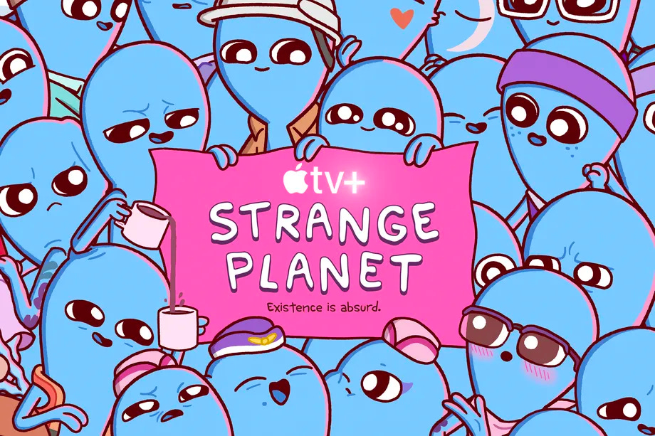 Promotional poster for "Strange Planet" on Apple TV+, featuring a crowd of light blue "Beings," the cute, alien-like species that inhabit the world of the show. The Beings all have a uniform look (egg-shaped heads with big eyes, no nose, and expressive mouths), but they also have unique identifying accessories to differentioate them, such as hats, glasses, makeup, and accessories like coffee mugs. Promotional poster for "Strange Planet" on Apple TV+, featuring a crowd of light blue "Beings," the cute, alien-like species that inhabit the world of the show. The Beings all have a uniform look (egg-shaped heads with big eyes, no nose, and expressive mouths), but they also have unique identifying accessories to differentioate them, such as hats, glasses, makeup, and accessories like coffee mugs.