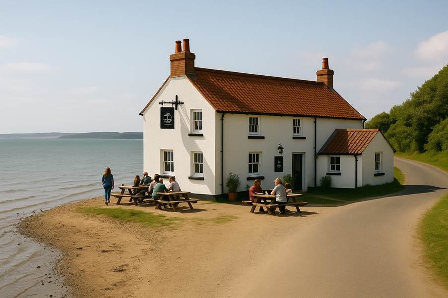 A white house with people sitting at picnic tables on the beach

AI-generated content may be incorrect.