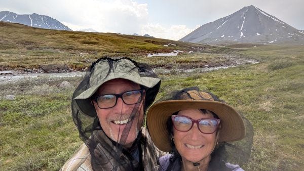 Two smiling people wearing black head nets like loose-fitting veils, standing on an open meadow with a stream and mountains in the background