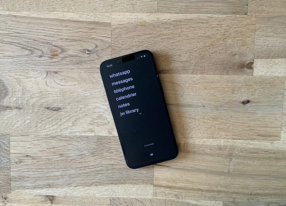 Exemple d'écran d'accueil d'iPhone avec l'application Dumbphone.