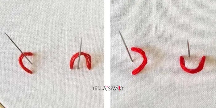 comparing where the needle sits for the outline stitch vs the stem stitch