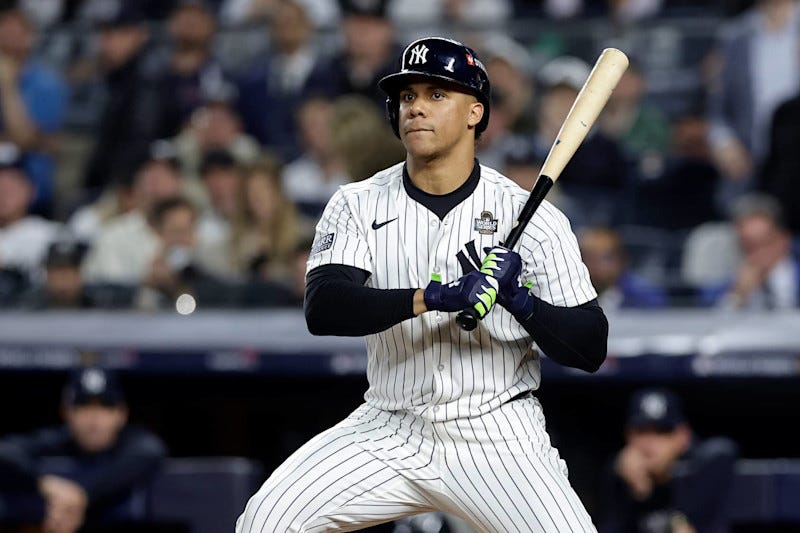 NEW YORK, NEW YORK - OCTOBER 30: (NEW YORK DAILIES OUT)  Juan Soto #22 of the New York Yankees in action against the Los Angeles Dodgers during Game Five of the 2024 World Series at Yankee Stadium on October 30, 2024 in New York City. The Dodgers defeated the Yankees 7-6. (Photo by Jim McIsaac/Getty Images)