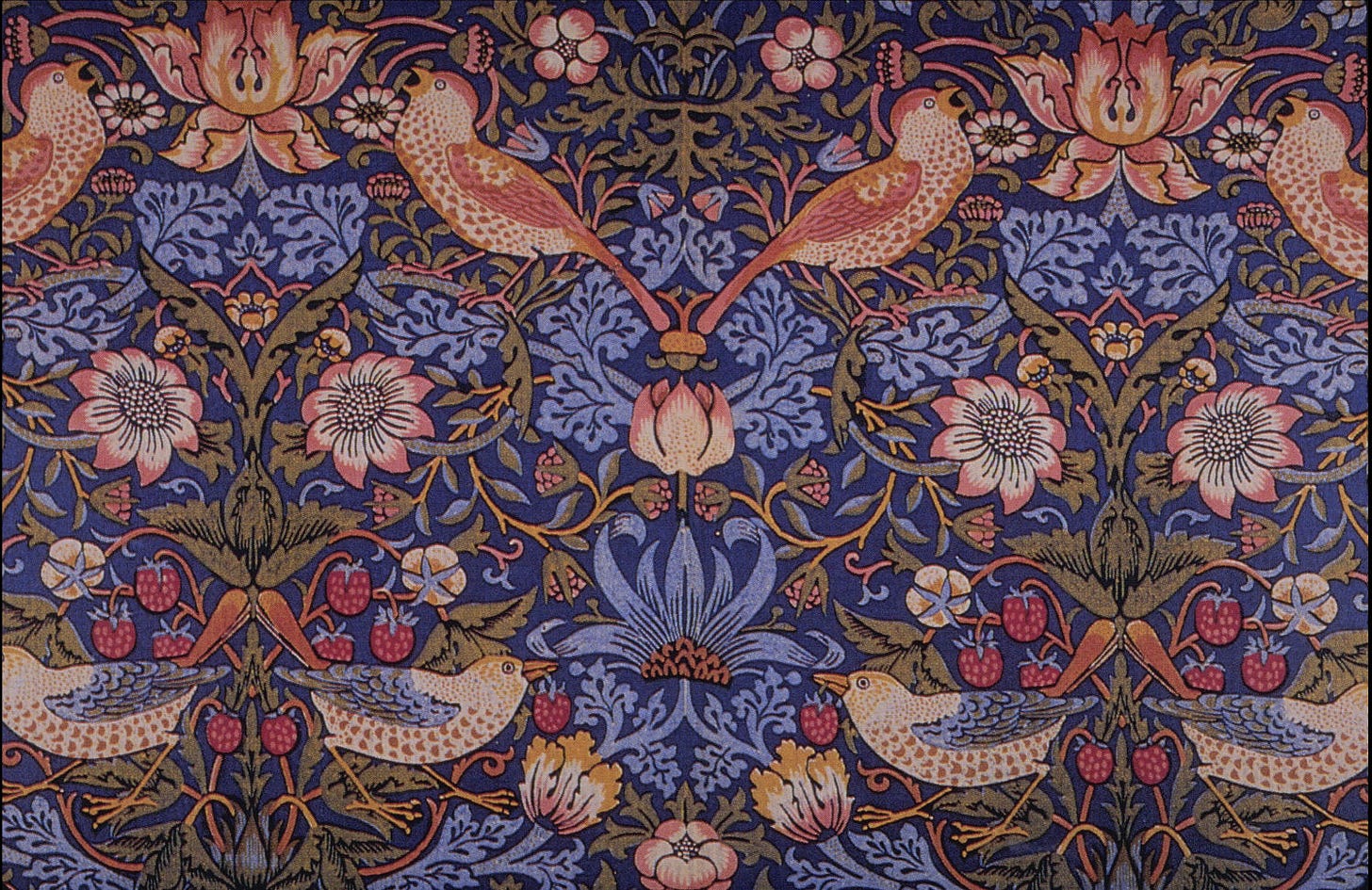 Strawberry Thief by William Morris: thrushes and strawberries in a symmetrical repeat on a dark blue ground Strawberry Thief by William Morris: thrushes and strawberries in a symmetrical repeat on a dark blue ground