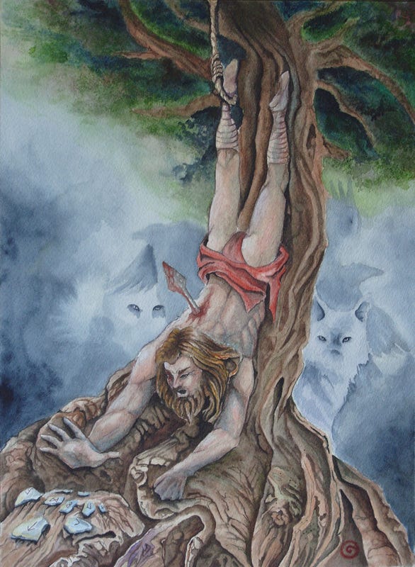 Illustration of Odin hanging from the World Tree in a Norse mythological scene reminiscent of the Hanged Man archetype - referenced in the Tarot DMs interview with Joanne Harris discussing myth, storytelling, and tarot symbolism.