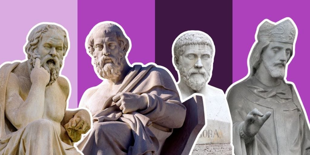 Statues of classical philosophers like Socrates, Plato, Pythagoras, and Rene Descartes, emphasizing the origin of science through logic and philosophical reasoning.