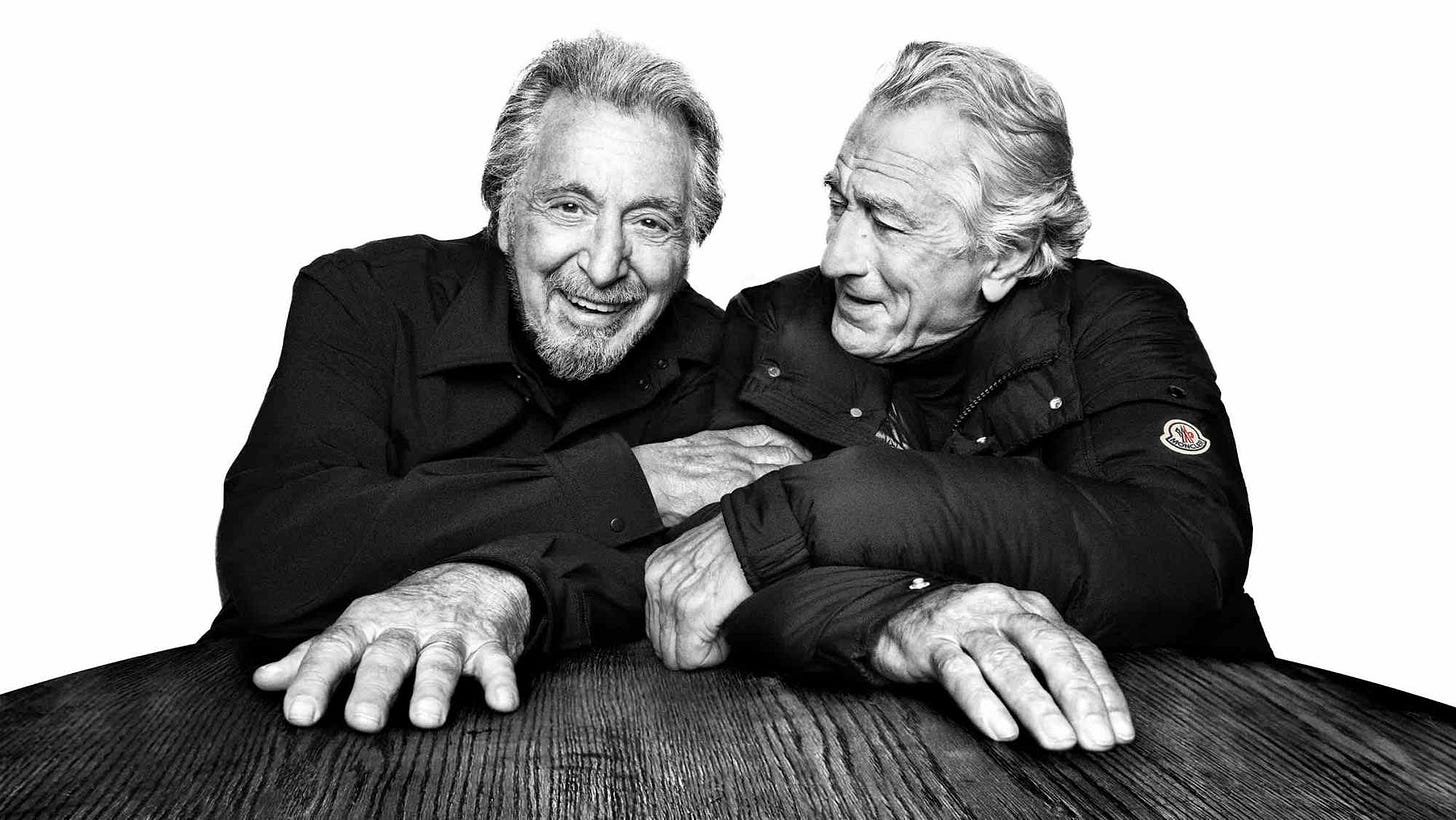 Al Pacino and Robert De Niro appear together in Moncler’s “Warmer Together” campaign released in October 2025.