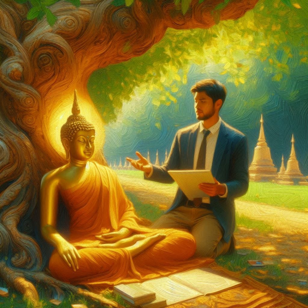 A college professor stands over the Buddha, who is sitting under a tree, and lectures him. Slight impressionist style. Golden glow.