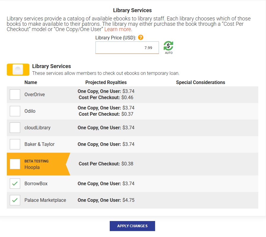 Draft2Digital makes it dead simple to select Library Services without mistakenly selecting other retail and subscription service options. In this image, authors can see how OCOU and CPC break out into projected royalties. Draft2Digital makes it dead simple to select Library Services without mistakenly selecting other retail and subscription service options. In this image, authors can see how OCOU and CPC break out into projected royalties.