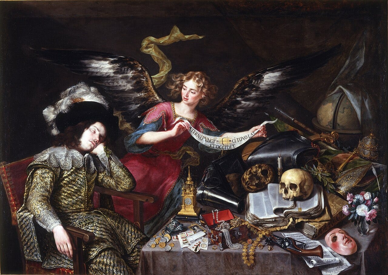 Knight dreaming beside skull table