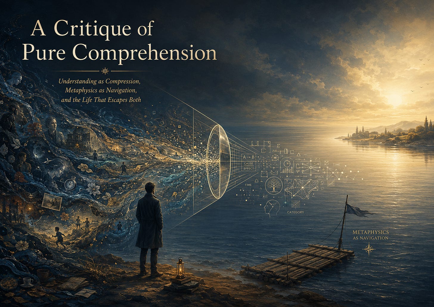 Illustration of a figure facing a funnel between a dense landscape and a calm horizon, symbolizing comprehension as compression. Illustration of a figure facing a funnel between a dense landscape and a calm horizon, symbolizing comprehension as compression.