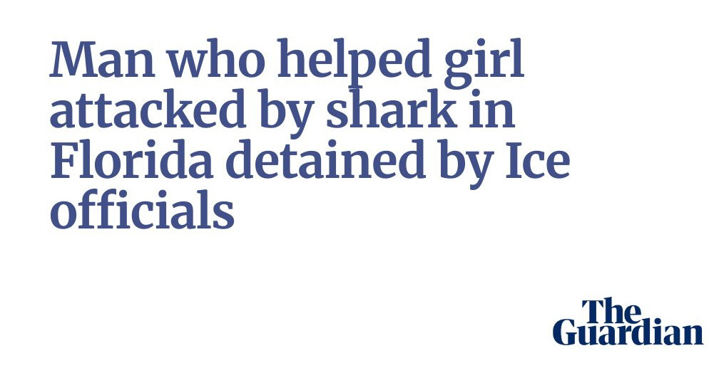 May be an image of 4 people and text that says '日 099339251 16 FleCovnty 교 County SEMCOS AMBULANCE Man who helped girl attacked by shark in Florida detained by Ice officials The Guardian'
