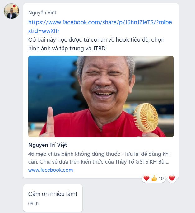 Có thể là hình ảnh về văn bản cho biết 'Nguyễn Việt https: https/wwafco.o.o.omoes xtid=wwXlfr Có bài này học được từ conan về hook tiêu đề, chọn hình ảnh và tập trung và JTBD. Nguyễn Trí Việt 46 mẹo chữa bệnh không dùng thuốc lưu lại để dùng khi cần. Chia sẻ dựa trên kiến thức của Thầy Tổ GSTS KH Bùi... www.facebook.com Cảm ơn nhiều lắm! 09:01 10'