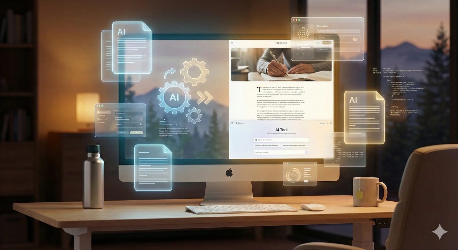 Clean modern home office with iMac displaying thoughtful content, surrounded by floating holographic AI interface elements including documents, automation symbols, and tools, with an empty desk chair suggesting reclaimed time and flexibility