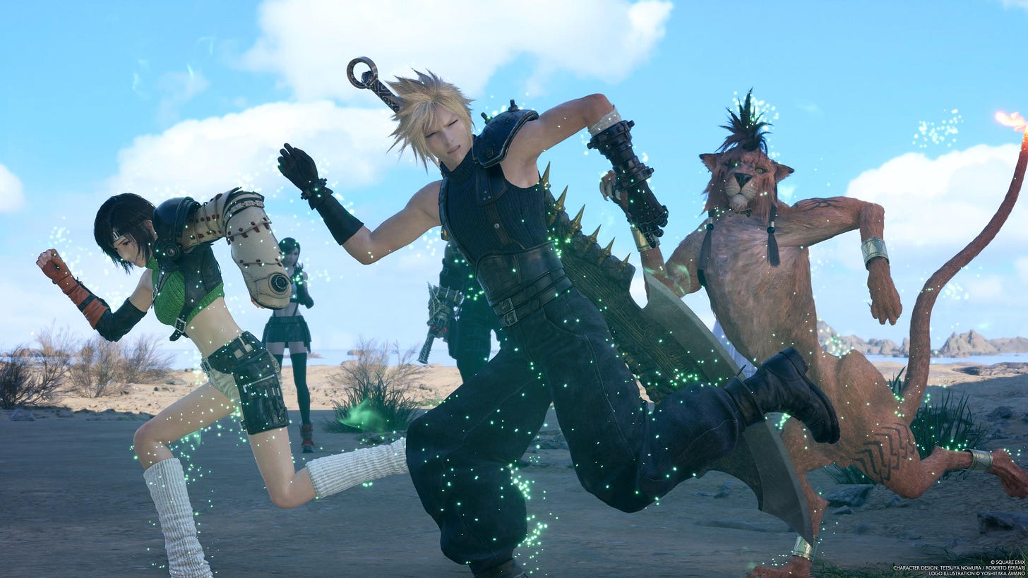 Cloud, Yuffie, and Red XIII paralyzed in the shape of a Cactuar.