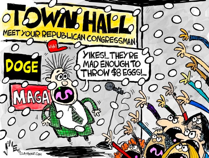 May be an image of text that says '45/47 TOWN! MEETYOUR MEET YOUR REPUBLICAN HALL CONGRESSMAN SSMAN YIKES!.. THEY'RE MAD ENOUGH TO THROW $8 EGGS!... ". DOGE MAGA 我ャポ 2-o CLAYTBONZ.COM 一明編聯法'
